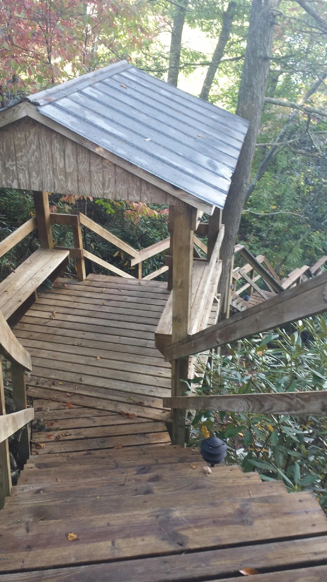 Metal roofed shelter over wooden steps on a wooded walkway — Skylight Repair & Installation work by our crew in Dry Fork